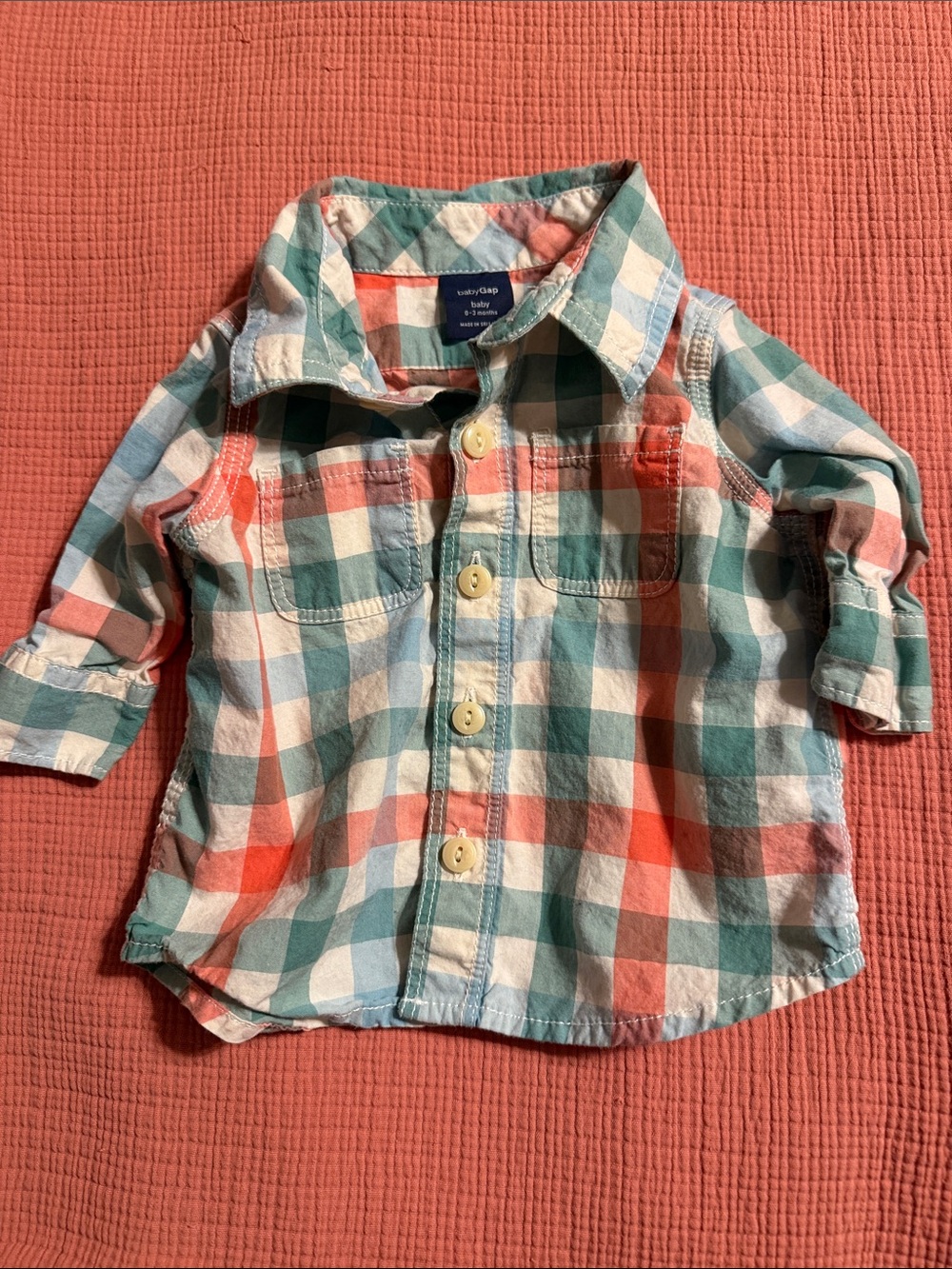 GAP Plaid Button-Down Shirt in Coral, Teal & White